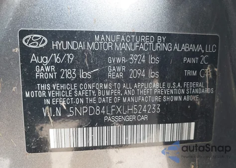 2020 Hyundai Elantra Sel z USA, uszkodzony, nr VIN 5NPD84LFXLH524233
